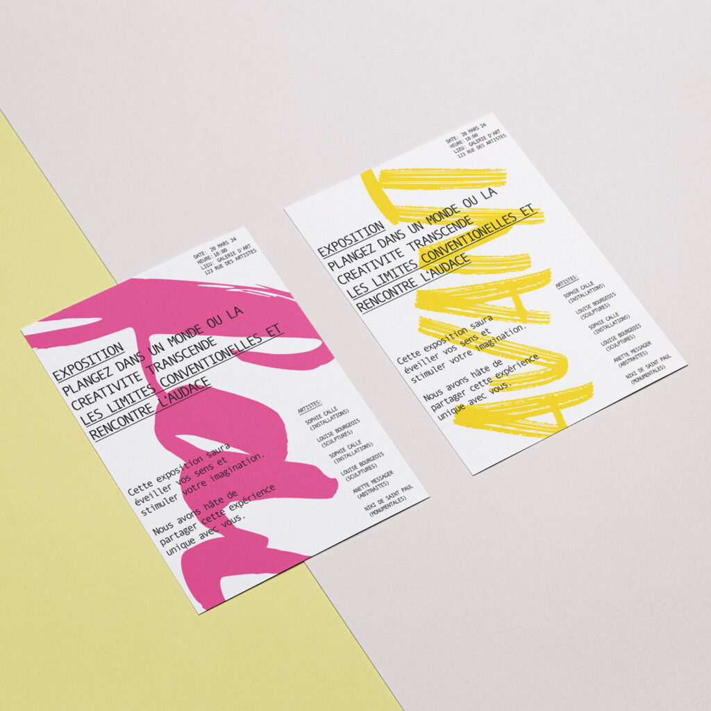 Zwei Einladungen zu einer Kunstausstellung in den Farben Pink und Gelb.