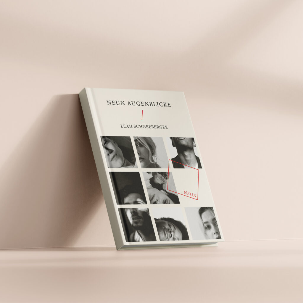 Buchcover "Neun Seelen" in Beige mit quadratischen Porträts von verschiedenen Gesichtern auf dem Cover.