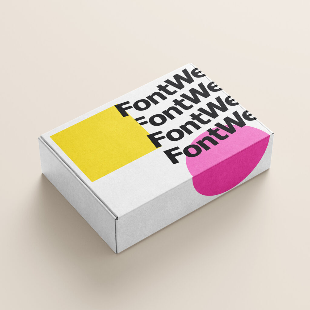 Verpackungsdesign eines Spiels namens "FontWell" mit bunten Formen wie einem gelbem Quadrat und einem pinken Kreis hinter dem Logo.