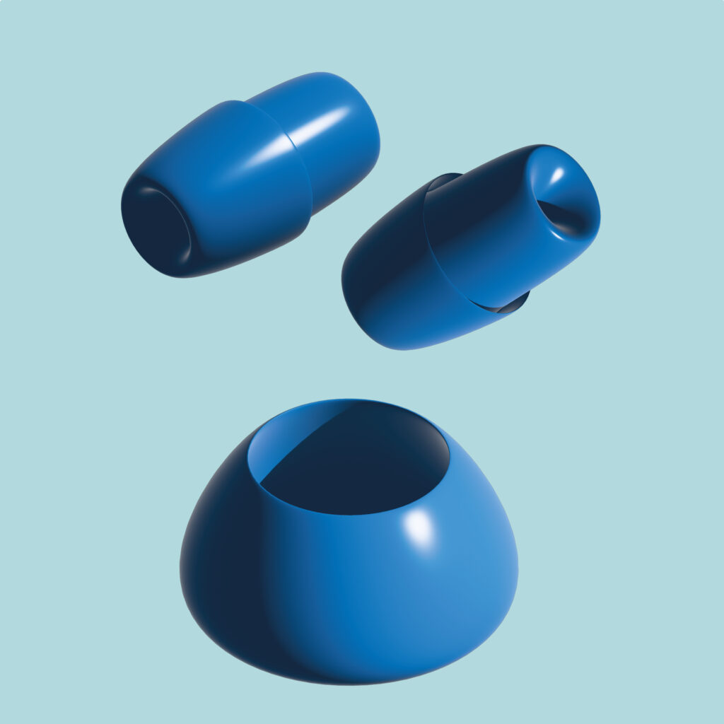 Drei Keramikbehälter aus unterschiedlichen Perspektiven in blau.